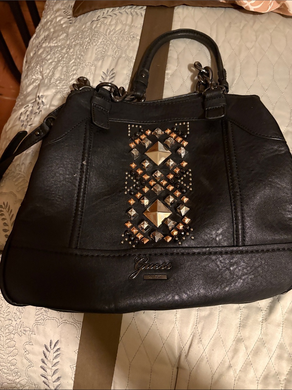 GUESS Black Shoulder Tote with Gold & Bronze Stud Detailing